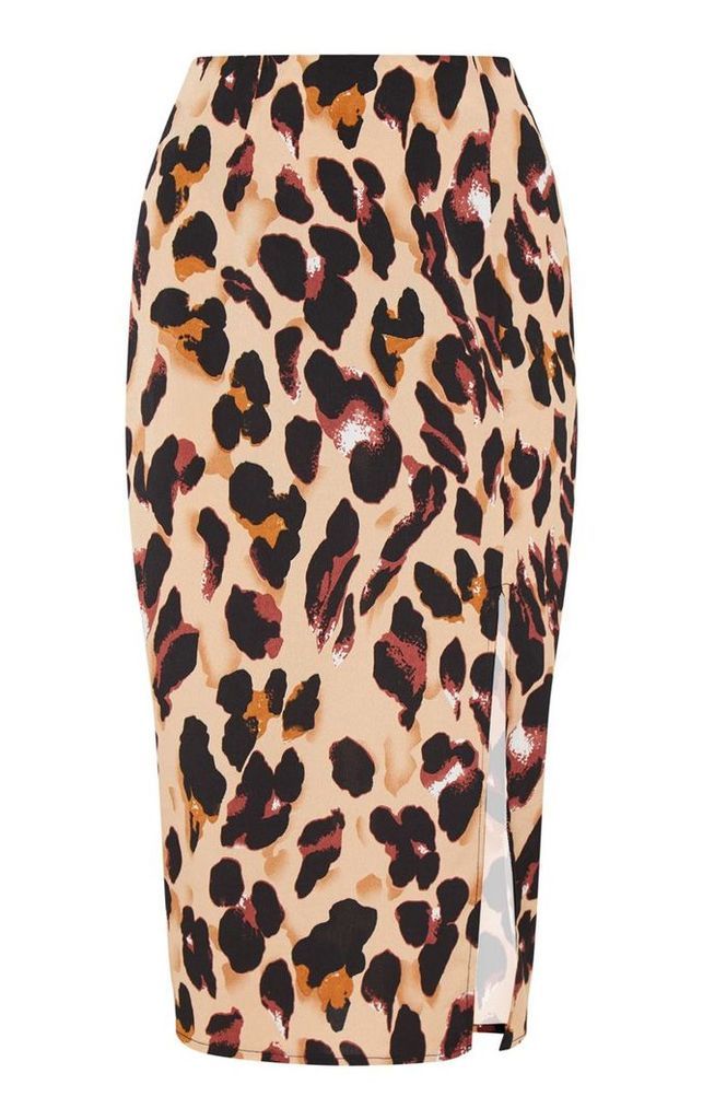 Tan Leopard Printed Midi Skirt, Brown
