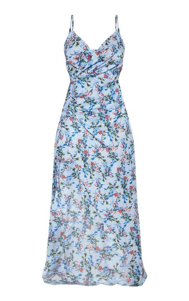 Petite Dusty Blue Floral Satin Wrap Detail Maxi Dress, Blue