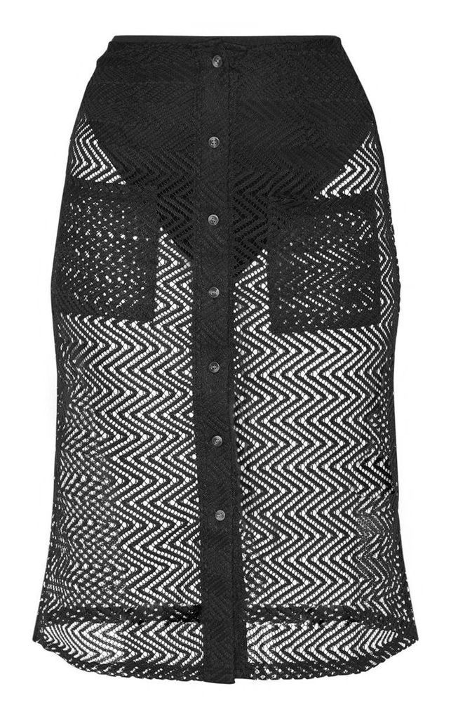 Black Crochet Button Front Midi Skirt, Black