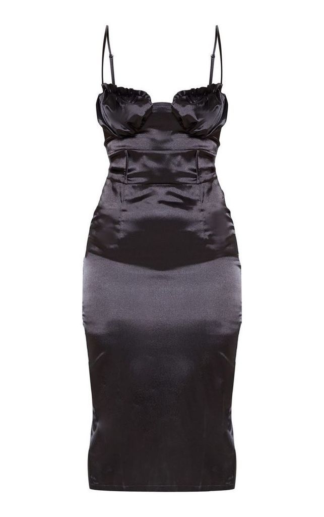 Petite Black Satin Frill Cup Detail Midi Dress, Black