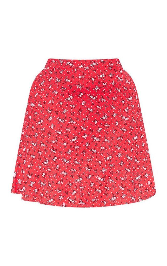 Plus Red Ditsy Floral Skater Mini Skirt, Red