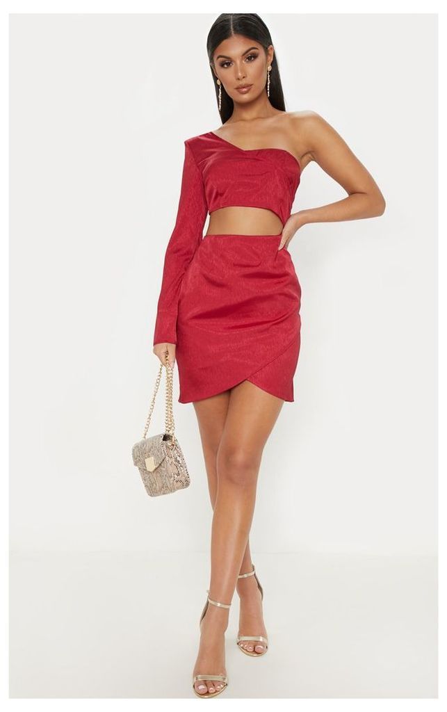 Burgundy Hammered Satin One Shoulder Cut Out Bodycon Dress, Red