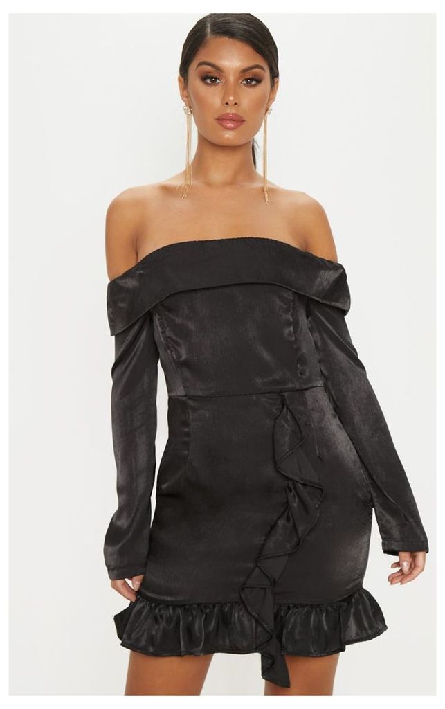 Black Satin Bardot Frill Bodycon Dress, Black