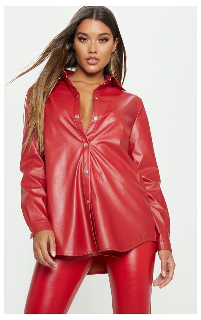 Red Faux Leather Oversized Shirt, Red