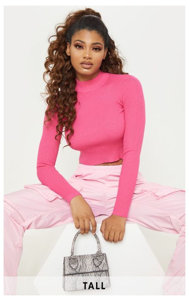 Tall Neon Pink Fitted Crop Knit Top, Neon Pink