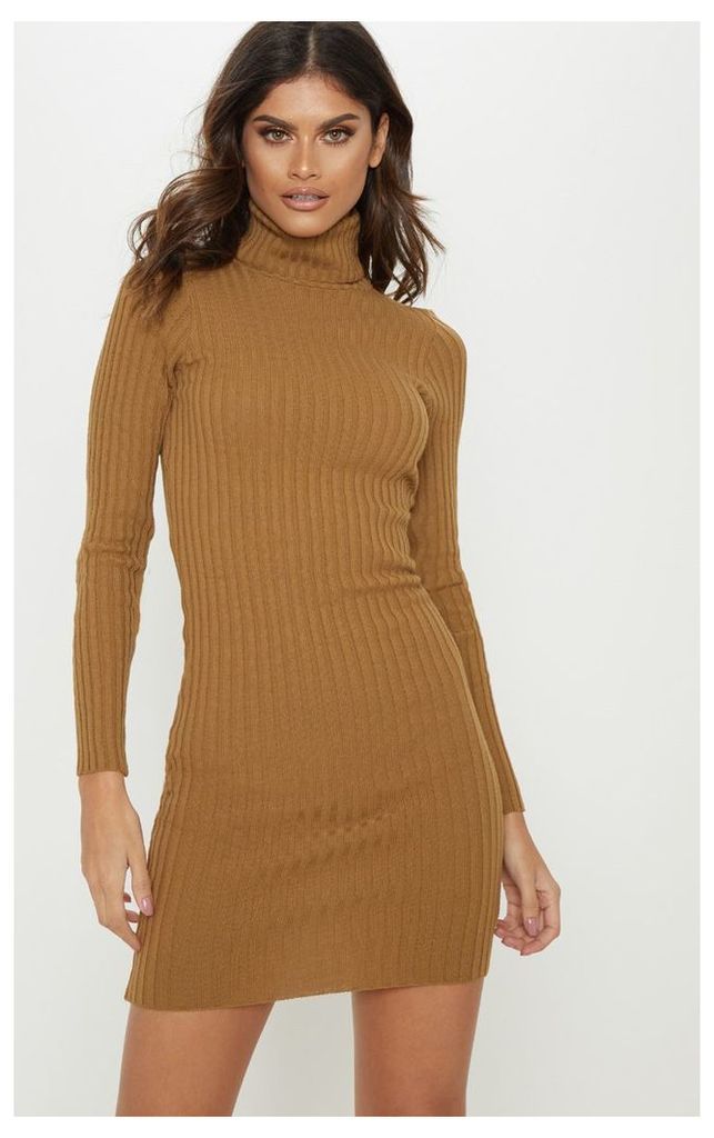 Camel Ribbed Knitted Roll Neck Dress, Camel