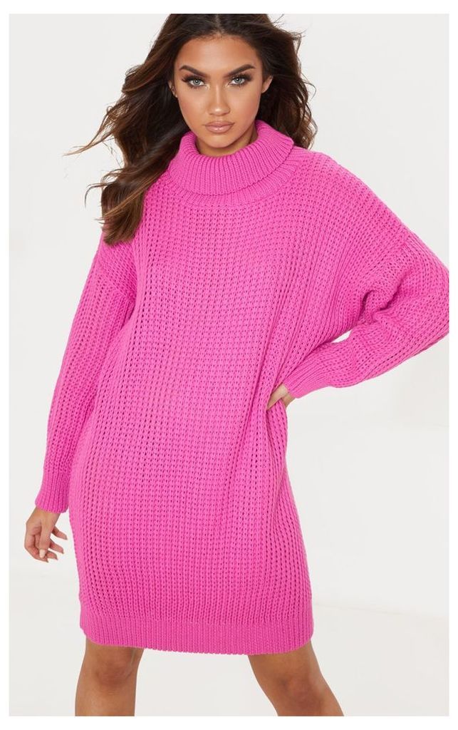 Hot Pink Oversized High Neck Knitted Jumper Dress, Hot Pink