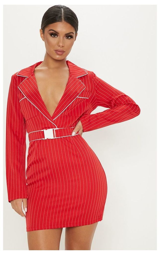 Red Pinstripe Buckle Detail Bodycon Dress, Red