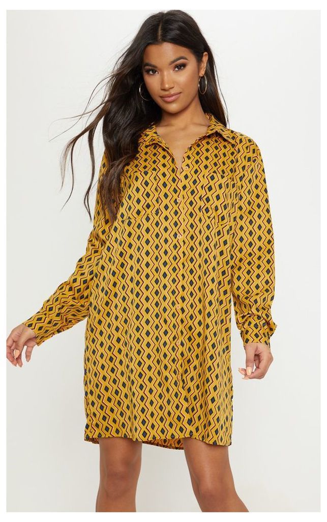 Mustard Geometric Print Shirt Dress, Mustard