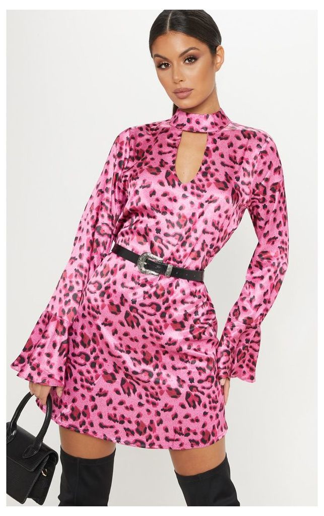 Pink Leopard High Neck Cut Out Smock Dress, Pink