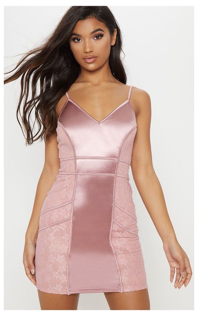 Rose Satin Piped Lace Insert Bodycon Dress, Pink