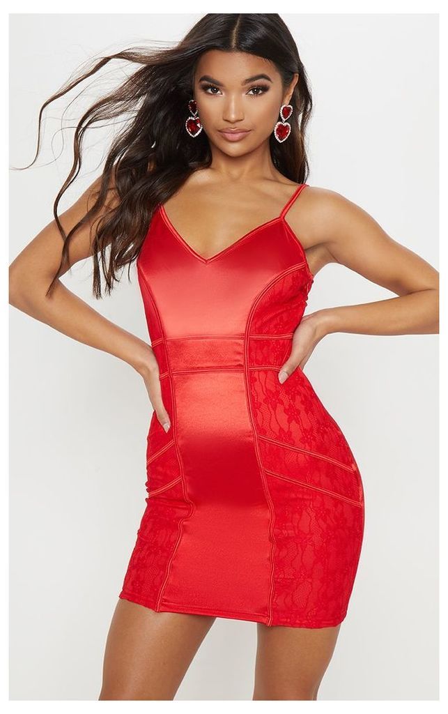 Red Satin Piped Lace Insert Bodycon Dress, Red