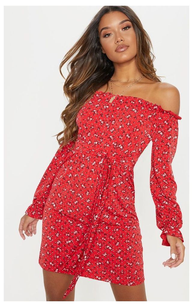 Red Ditsy Floral Bardot Tie Waist Dress, Red