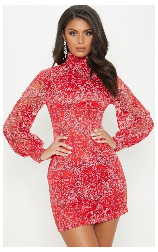 Red Flocked Lace Long Sleeve Bodycon Dress, Red