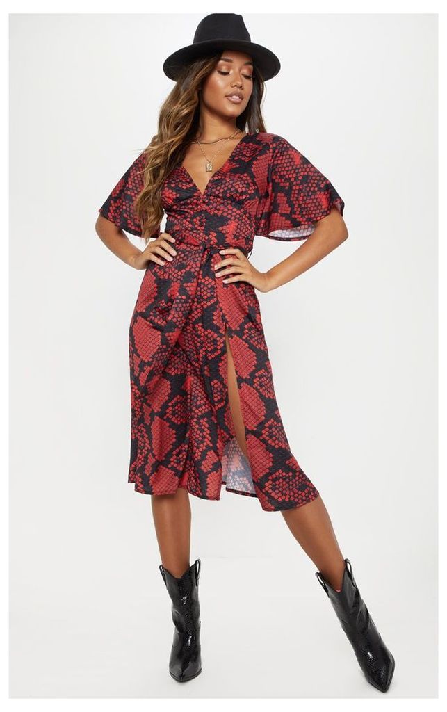 Snake Print Button Detail Flared Sleeve Midi Dress, Red