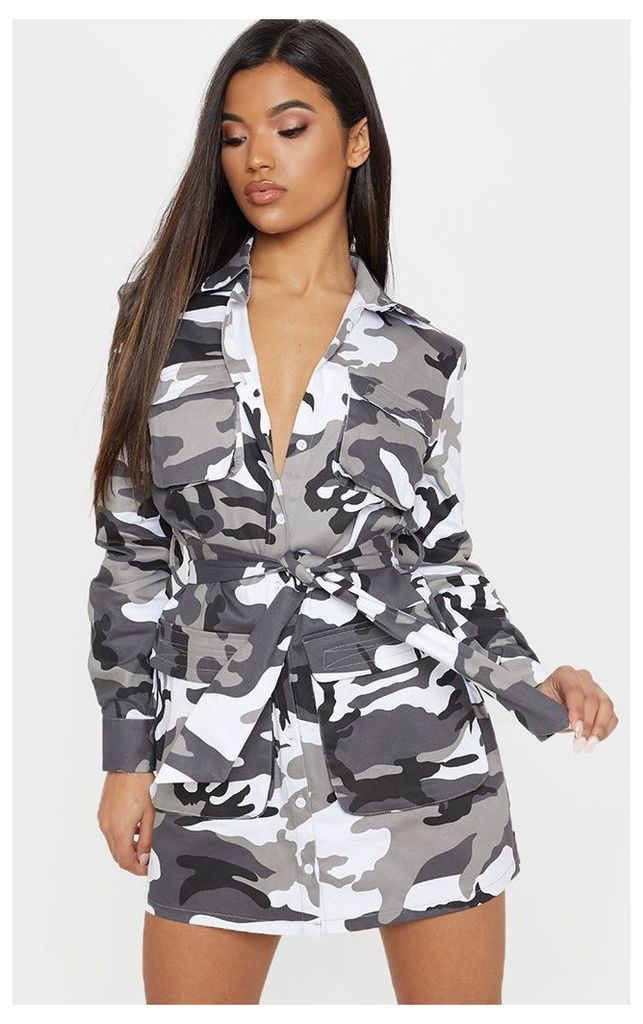 Grey Camouflage Utility Tie Waist Shirt Dress, Grey