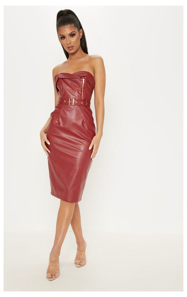 Oxblood Faux Leather Belted Midi Dress, Red