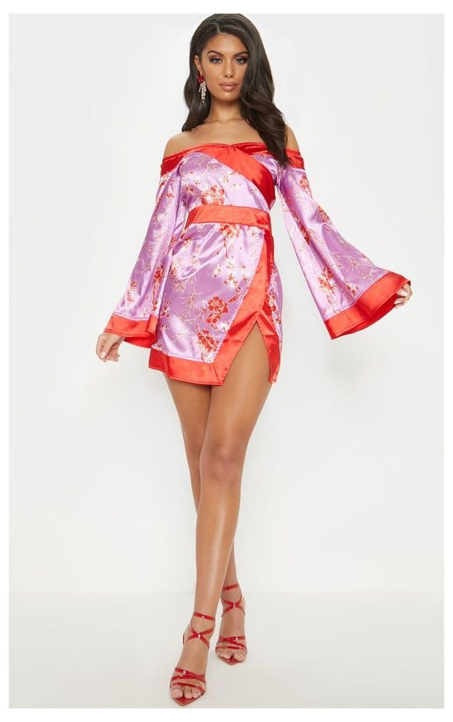 Lilac Bardot Oriental Flare Sleeve Bodycon Dress, Purple