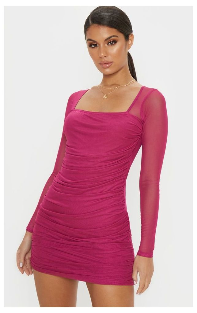 Hot Pink Mesh Square Neck Ruched Bodycon Dress, Hot Pink