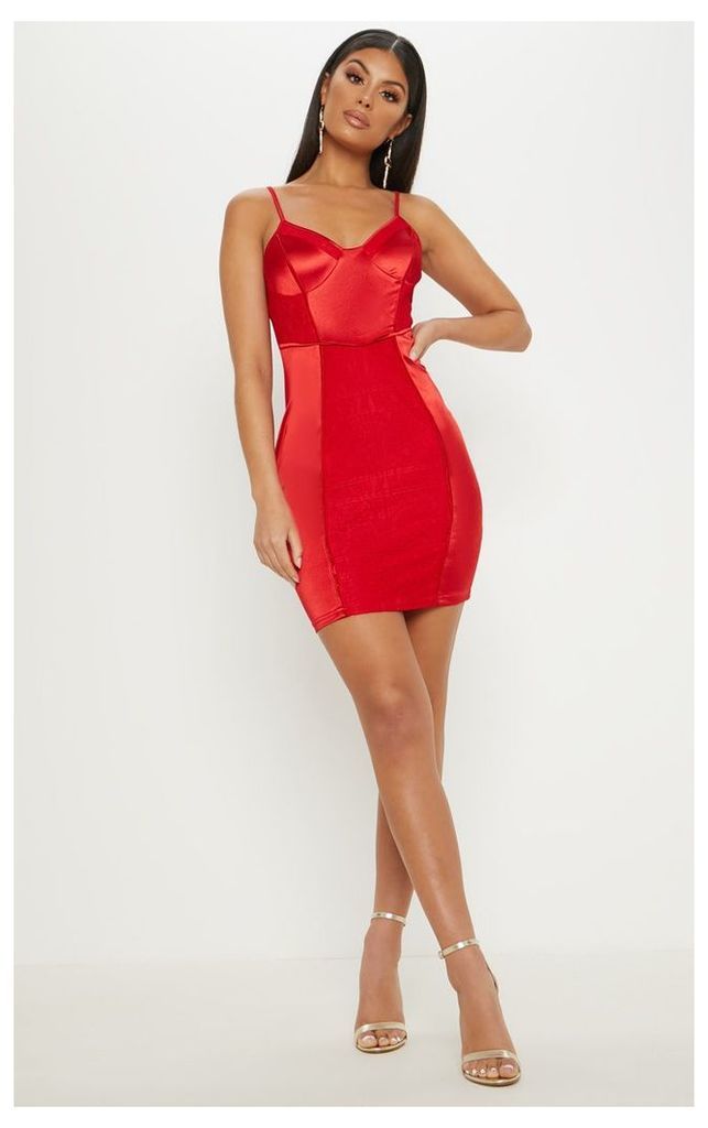 Red Satin Strappy Lace Panel Bodycon Dress, Red