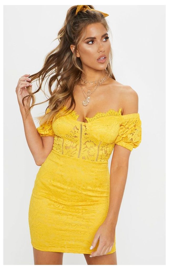Yellow Lace Bardot Puff Sleeve Bodycon Dress, Yellow