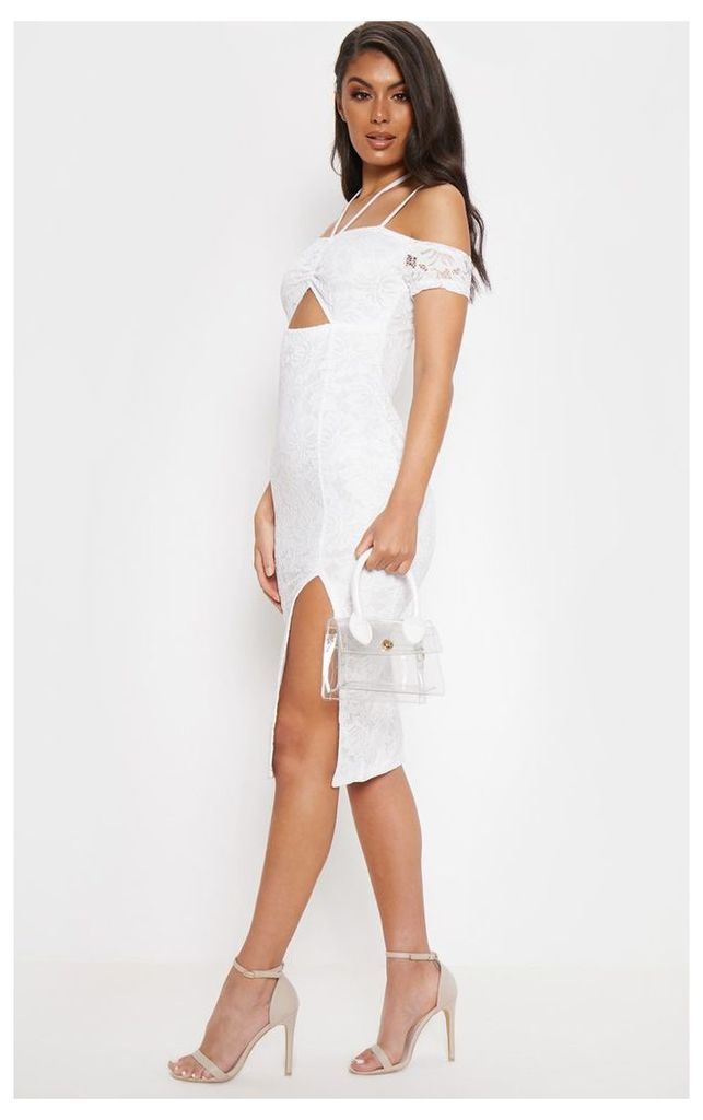 White Lace Ruched Cut Out Midi Dress, White