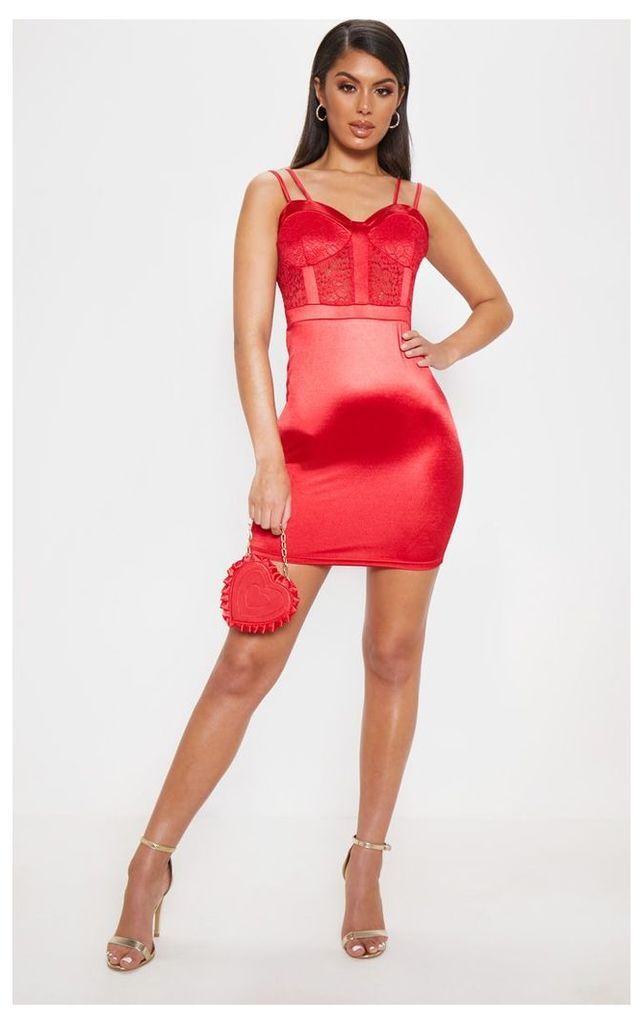 Red Satin Lace Insert Double Strap Bodycon Dress, Red