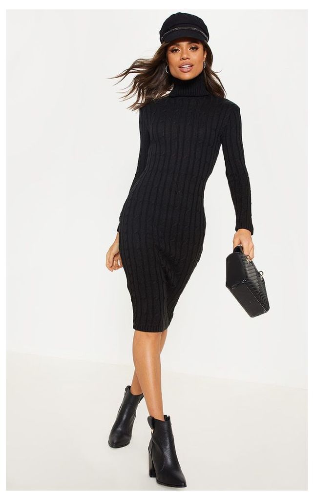 Black Cable Knitted Long Sleeve Dress, Black