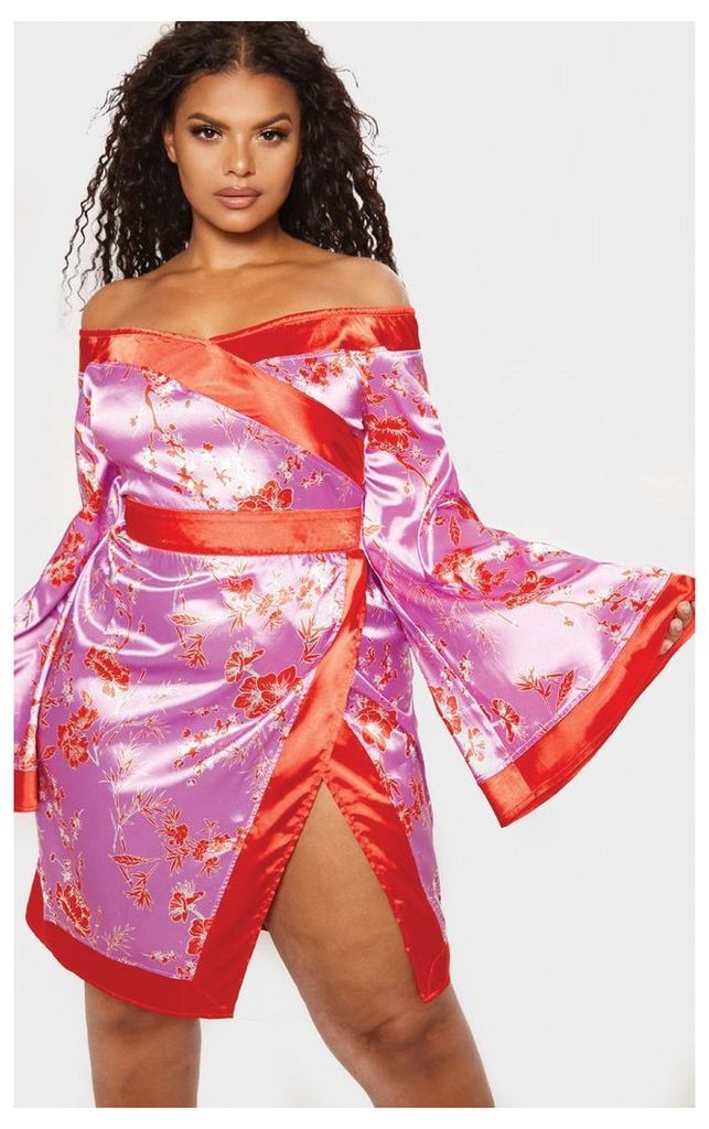 Plus Lilac Bardot Oriental Flare Sleeve Bodycon Dress, Purple