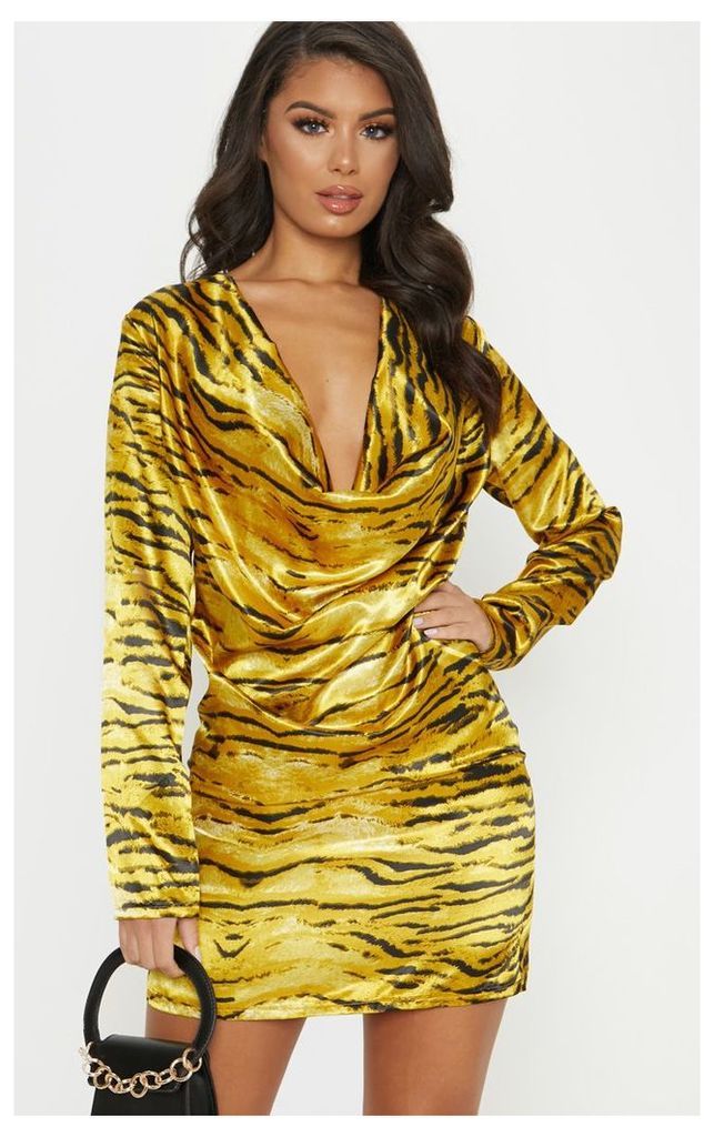 Gold Tiger Print Cowl Bodycon Dress, Yellow