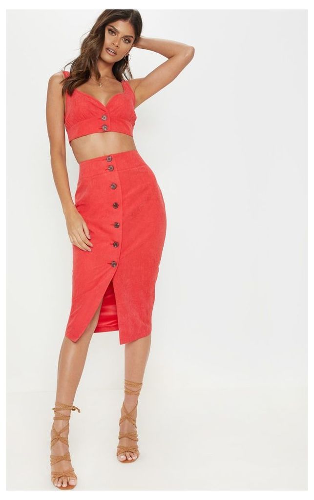 Red Faux Suede Button Front Midi Skirt, Red