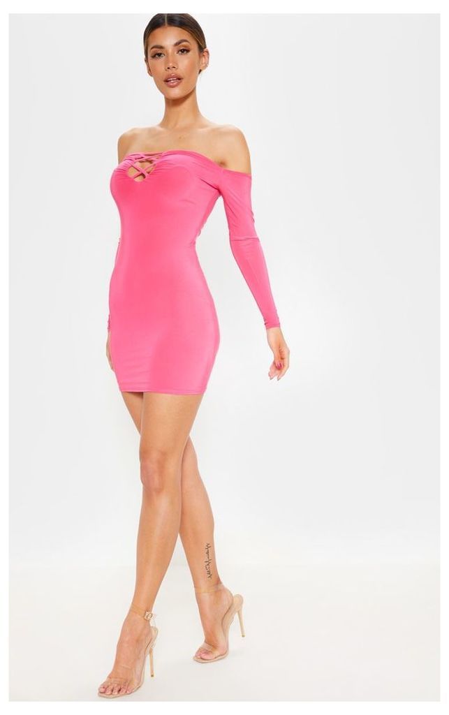 Hot Pink Slinky Lattice Detail Bodycon Dress, Hot Pink