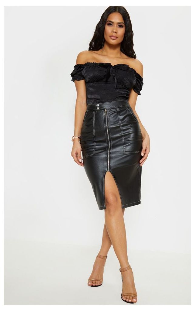 Black Faux Leather Contrast Stitch Midi Skirt, Black