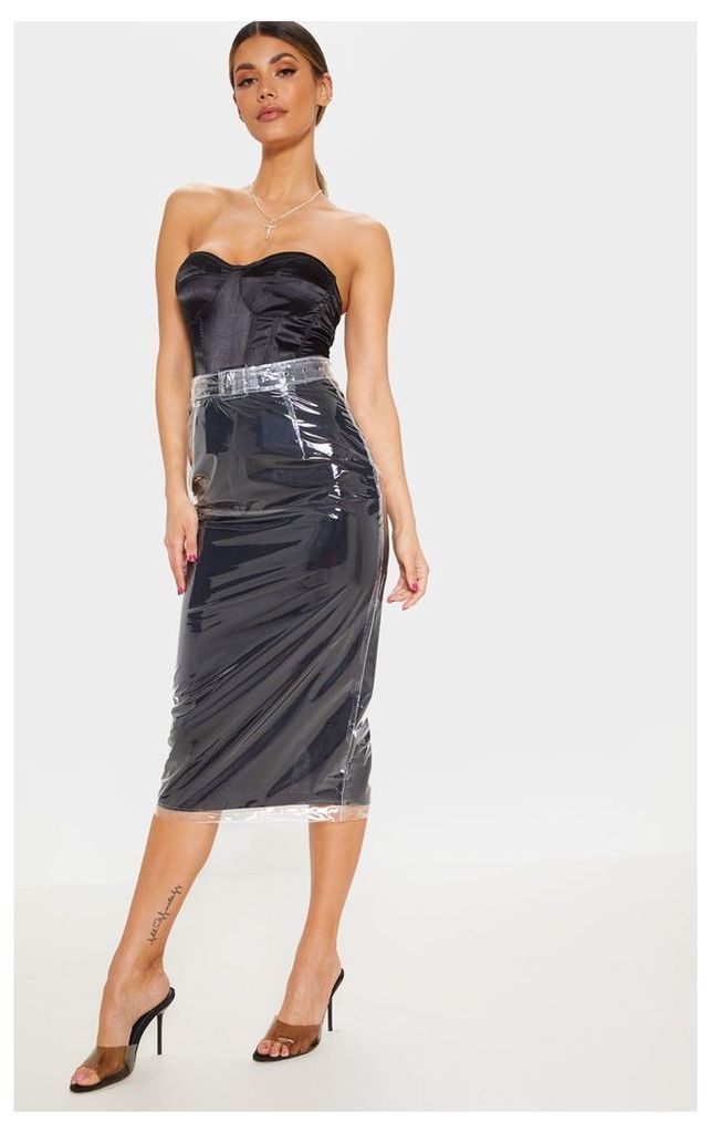 Black Clear Belted Midi Skirt, Black