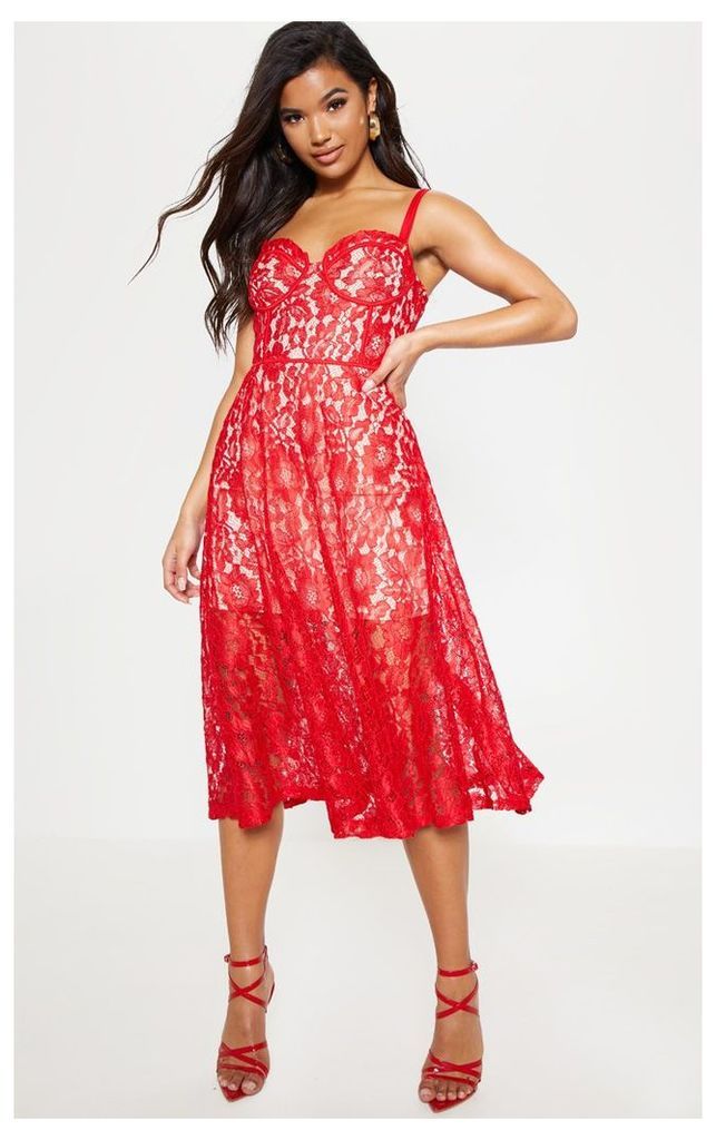 Red Lace Cup Detail Midi Dress, Red