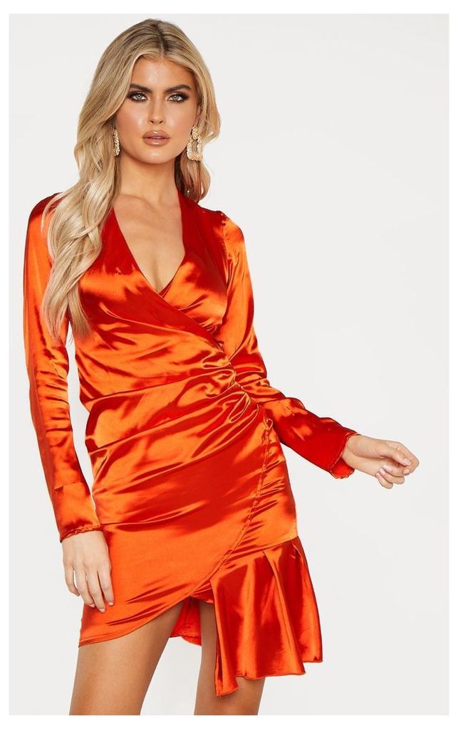 Tall Orange Satin Ruched Long Sleeve Bodycon Dress, Orange