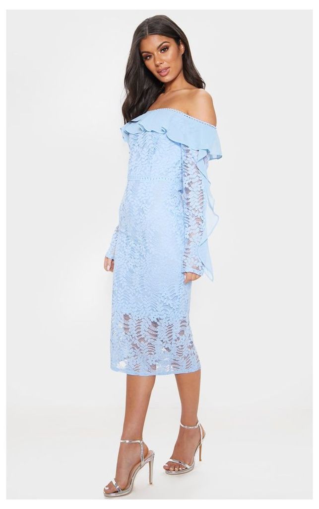 Dusty Blue Bardot Lace Frill Sleeve Midi Dress, Blue