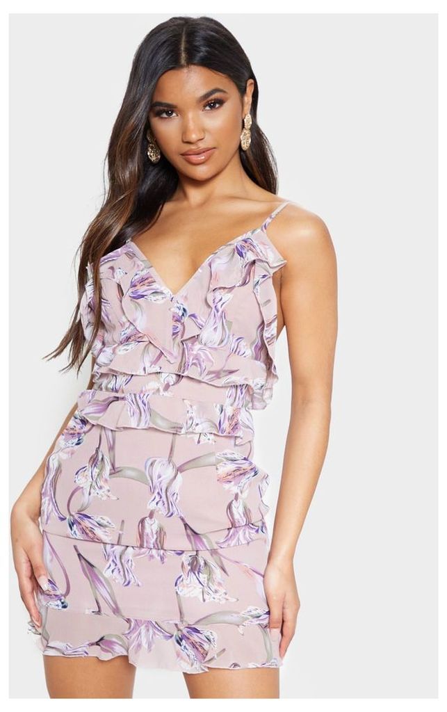 Lilac Strappy Floral Frill Detail Bodycon Dress, Purple