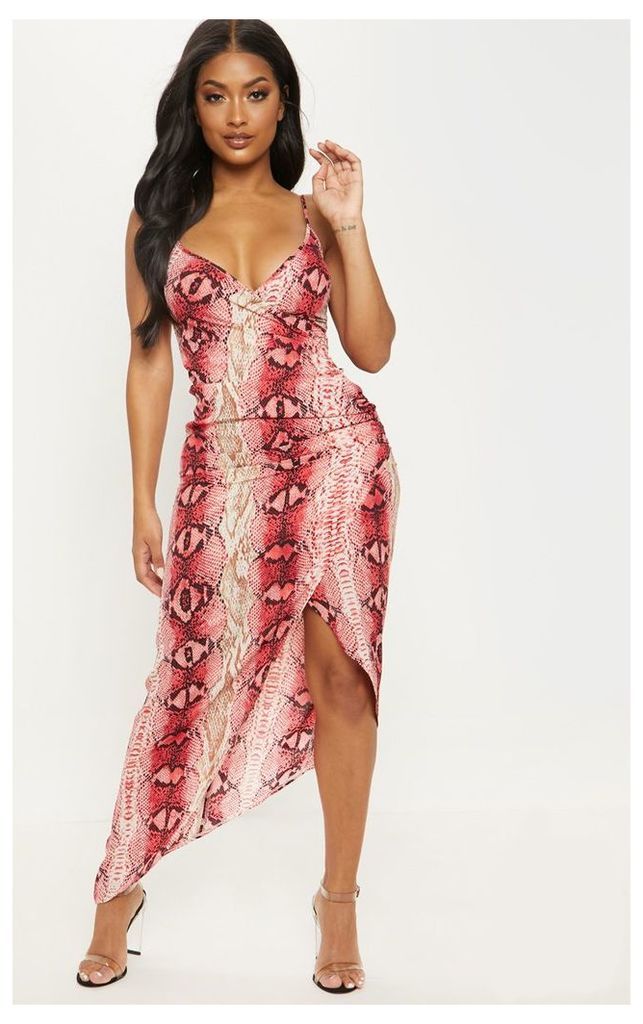 Shape Hot Pink Snake Print Satin Wrap Detail Midaxi Dress, Hot Pink