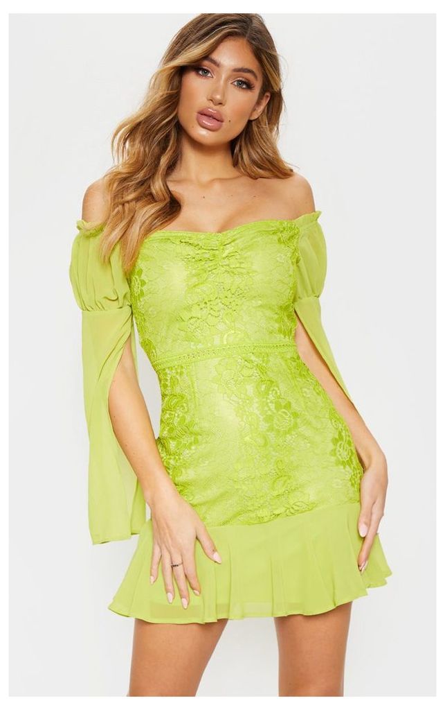 Lime Green Lace Puff Sleeve Frill Detail Bodycon Dress, Green