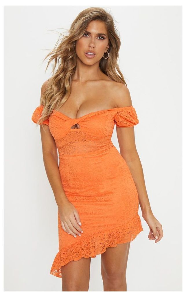 Bright Orange Lace Twist Front Asymmetric Hem Bodycon Dress, Bright Orange