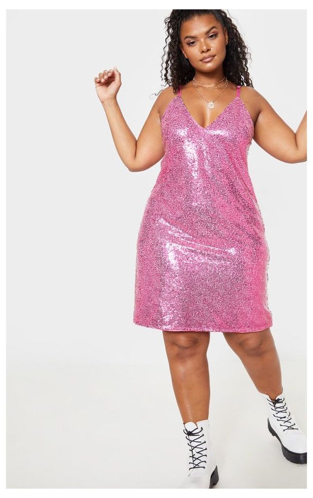Plus Hot Pink Sequin Strappy Swing Dress, Hot Pink