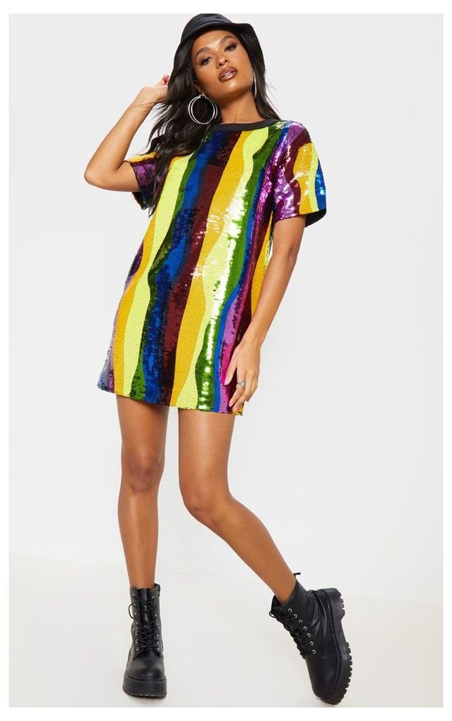 Multi Wave Stripe Sequin T Shirt Dress, Multi