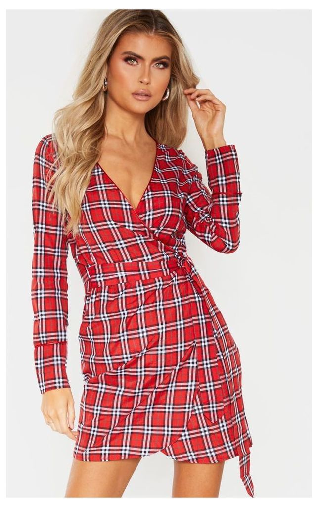 Tall Red Check Wrap Waist Shift Dress, Red