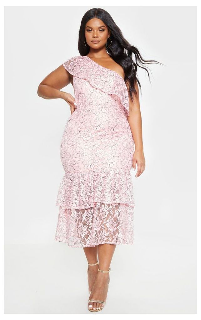 Plus Dusty Pink One Shoulder Lace Midaxi Dress, Dusty Pink