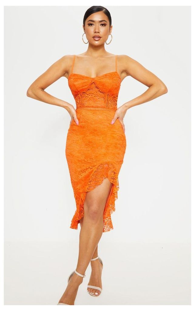 Petite Orange Lace Side Split Bodycon Midi Dress, Orange