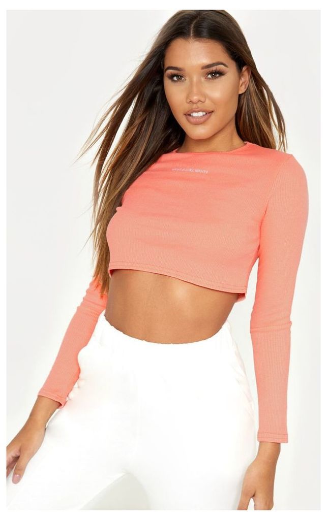 Neon Pink What A Girl Wants Embroidered Long Sleeve Crop Top, Neon Pink