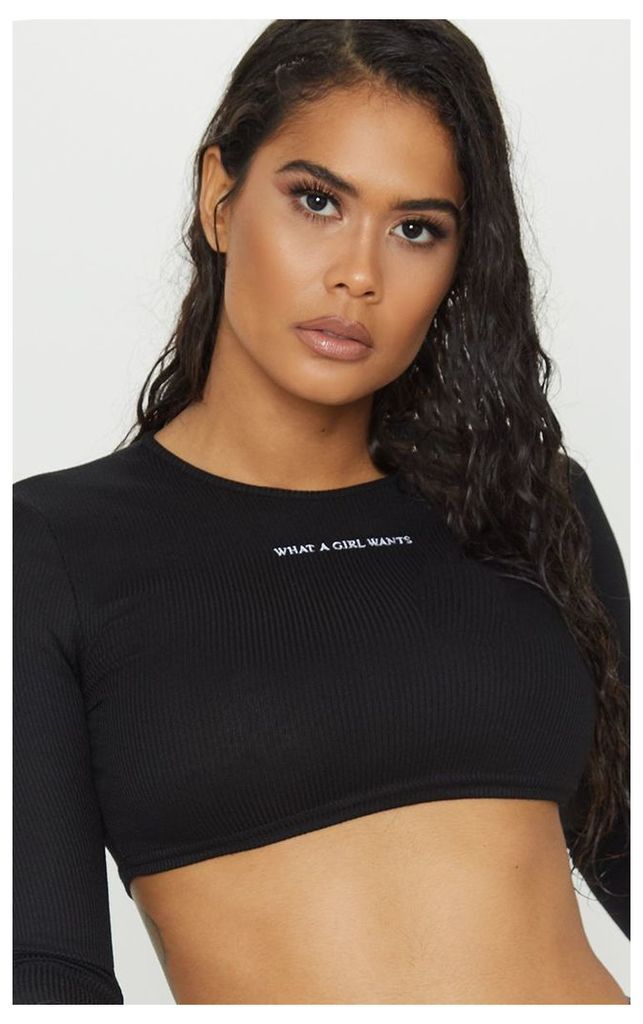 Black What A Girl Wants Embroidered Long Sleeve Crop Top, Black