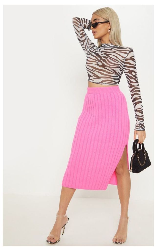 Petite Hot Pink Knitted Ribbed Midi Skirt, Hot Pink