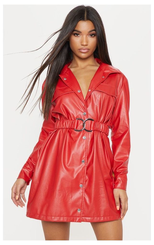 Red Faux Leather Belted Shirt Dress, Red